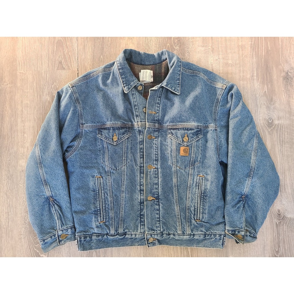 VTG 1999 Carhartt Sz L Jean Jacket Flannel Blanket Lined Heavy Denim Trucker USA